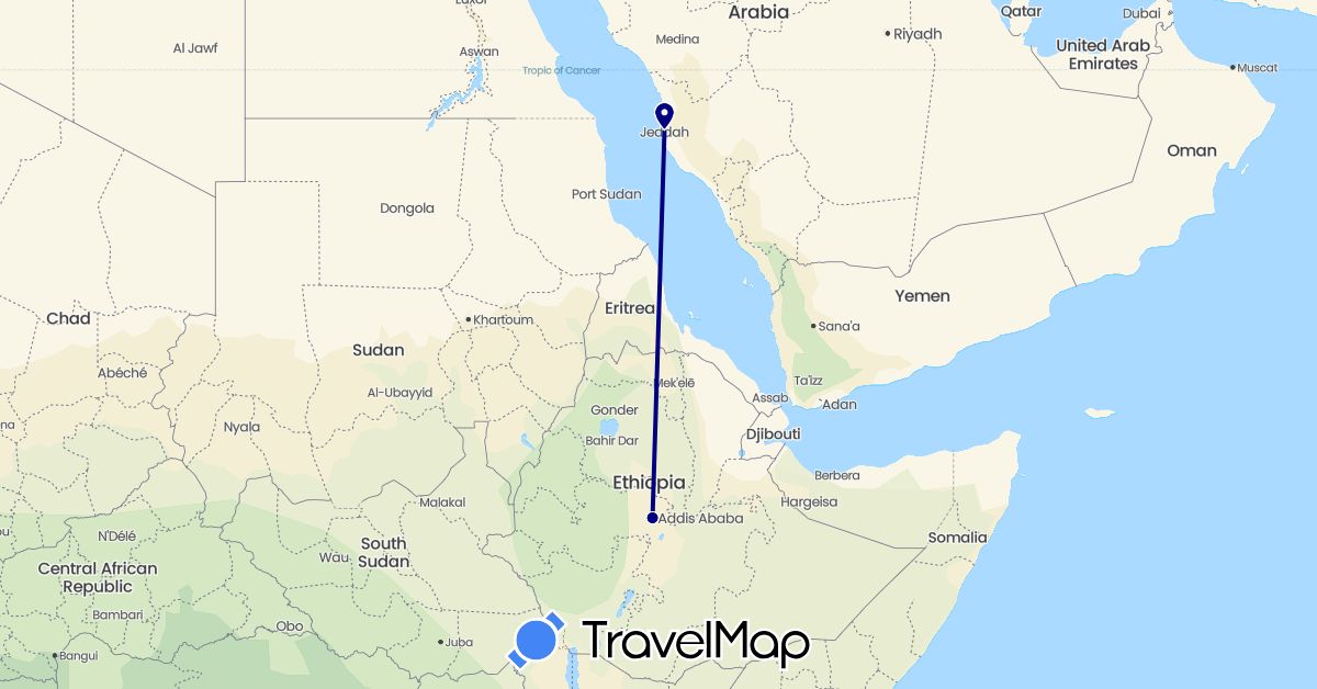 TravelMap itinerary: driving in Ethiopia, Saudi Arabia (Africa, Asia)